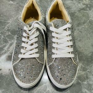 Betsey Johnson Womens SB-SUTON Silver Rhinestones Lace Up Platform Sneaker SZ9